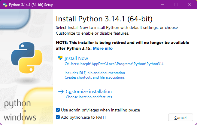 Fig 2.1 Python 3.14.1 Installer Screen